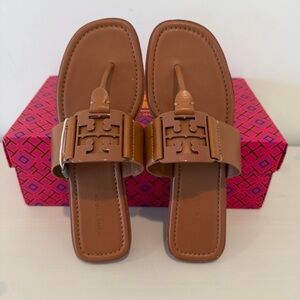 NIB Tory Burch Calf Leather Georgia Sandals with Logo Accent Size 7 Brown